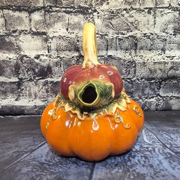 Vintage Pumpkin Gourd Double Pitcher Thanksgiving Fall Majolica Style - Picture 5 of 8